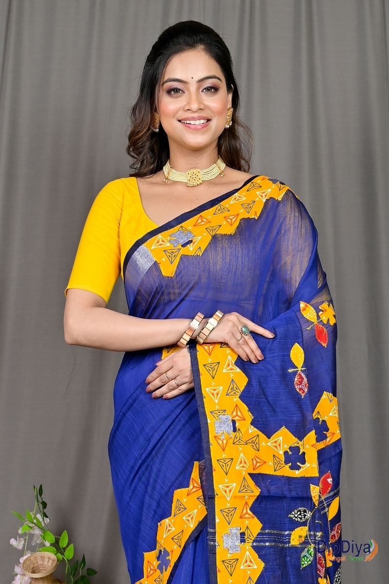 Blue Cotton Blended Parik Applique Saree (332)